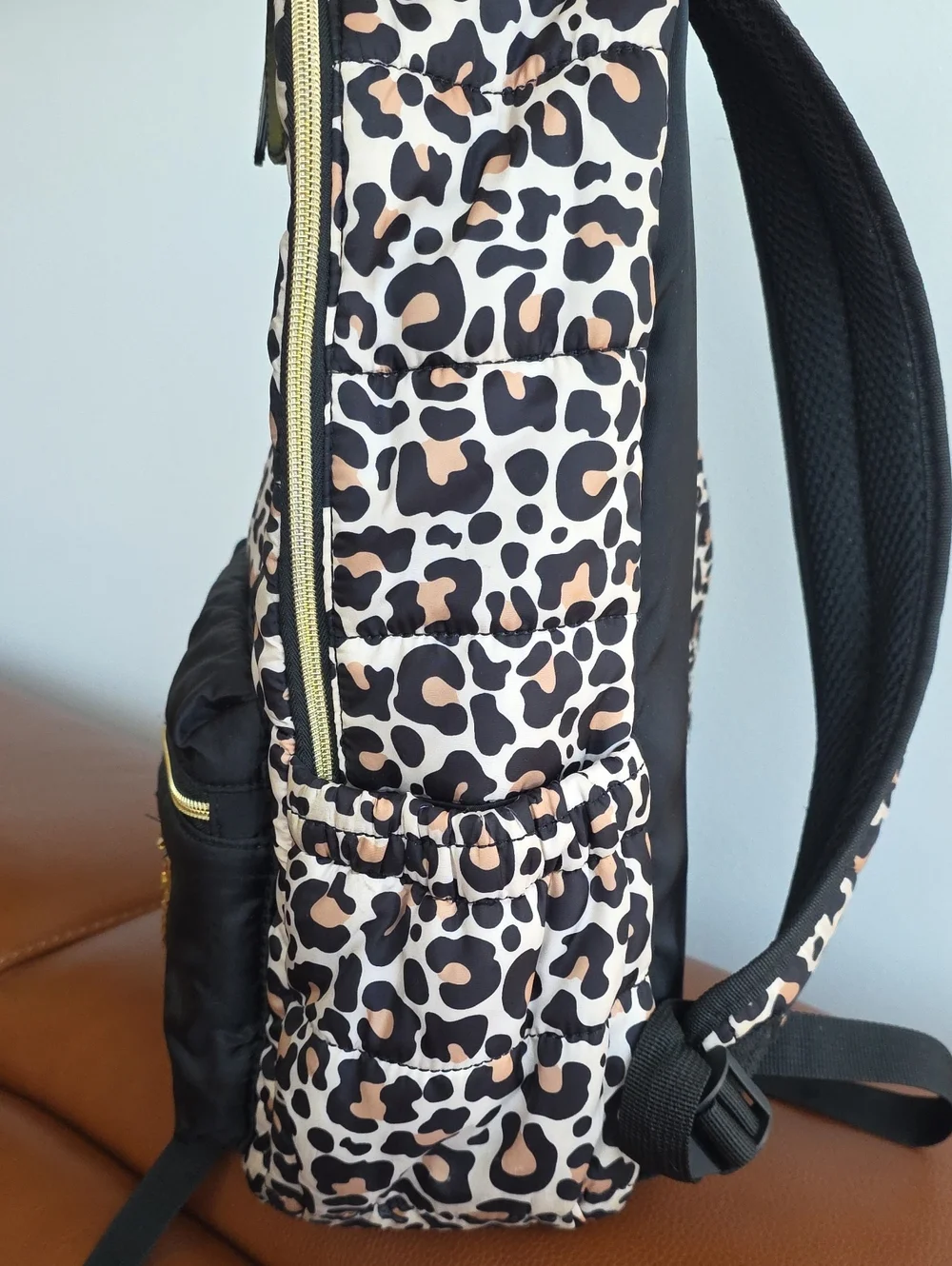 JUICY COUTURE Large Leopard Print Quilted Backpack With Gold Sequin Logo